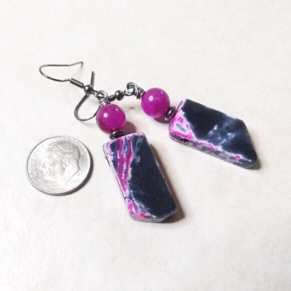 Black Gray & Rose Pink Agate + Sugilite Earrings ~ Unique + One-of-a-kind! - Picture 3 of 6